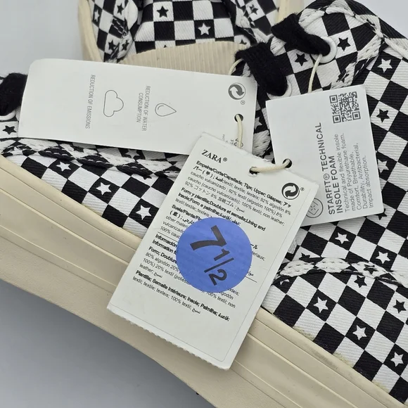 Zara Lace-Up High-Top Canvas Sneakers, Black/White Checkered pattern with stars - Picture 6 of 15